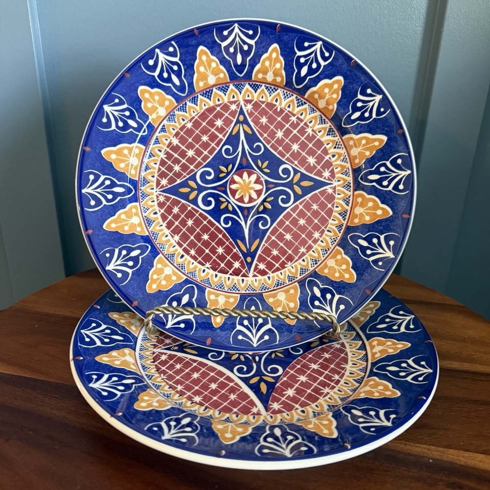 Pier 1 Vizcaya Dinner Plates‎ Set 2 Earthenware Italy 90s Mosaic Tuscan